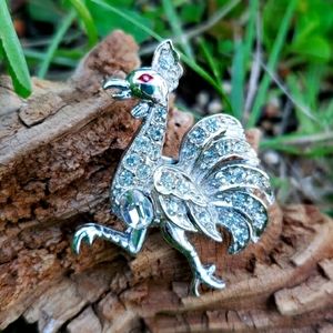 Vtg High End Art Deco Era Rhodium Plate Rhinestone Rooster Figural Brooch Pin